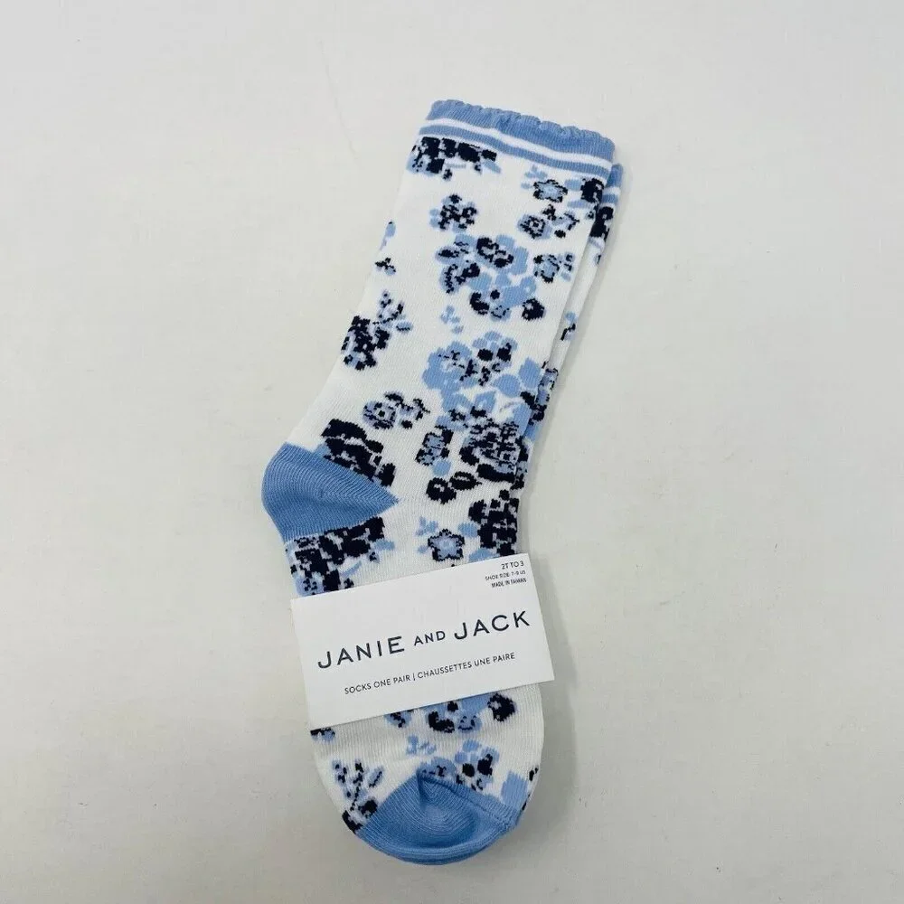 Janie and Jack Toddler Girls Size 2T-3T Floral Scalloped Crew Socks Blue/White